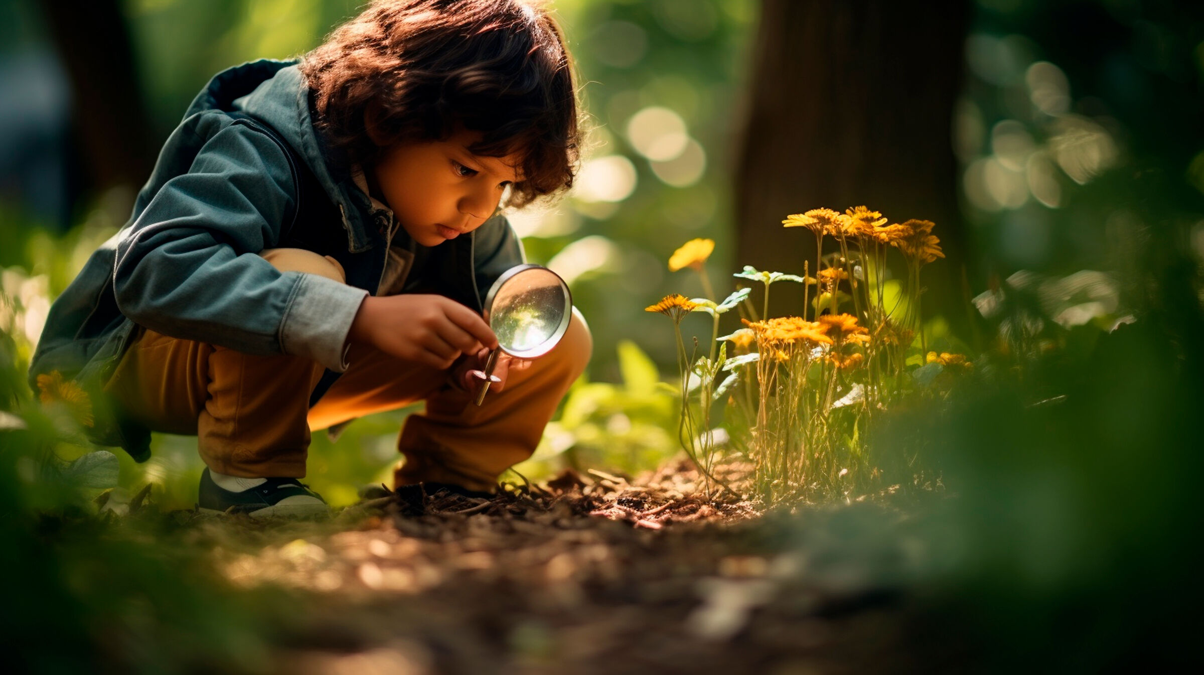 A child peers through a magnifying glass at a plant during a summer camp discovery session