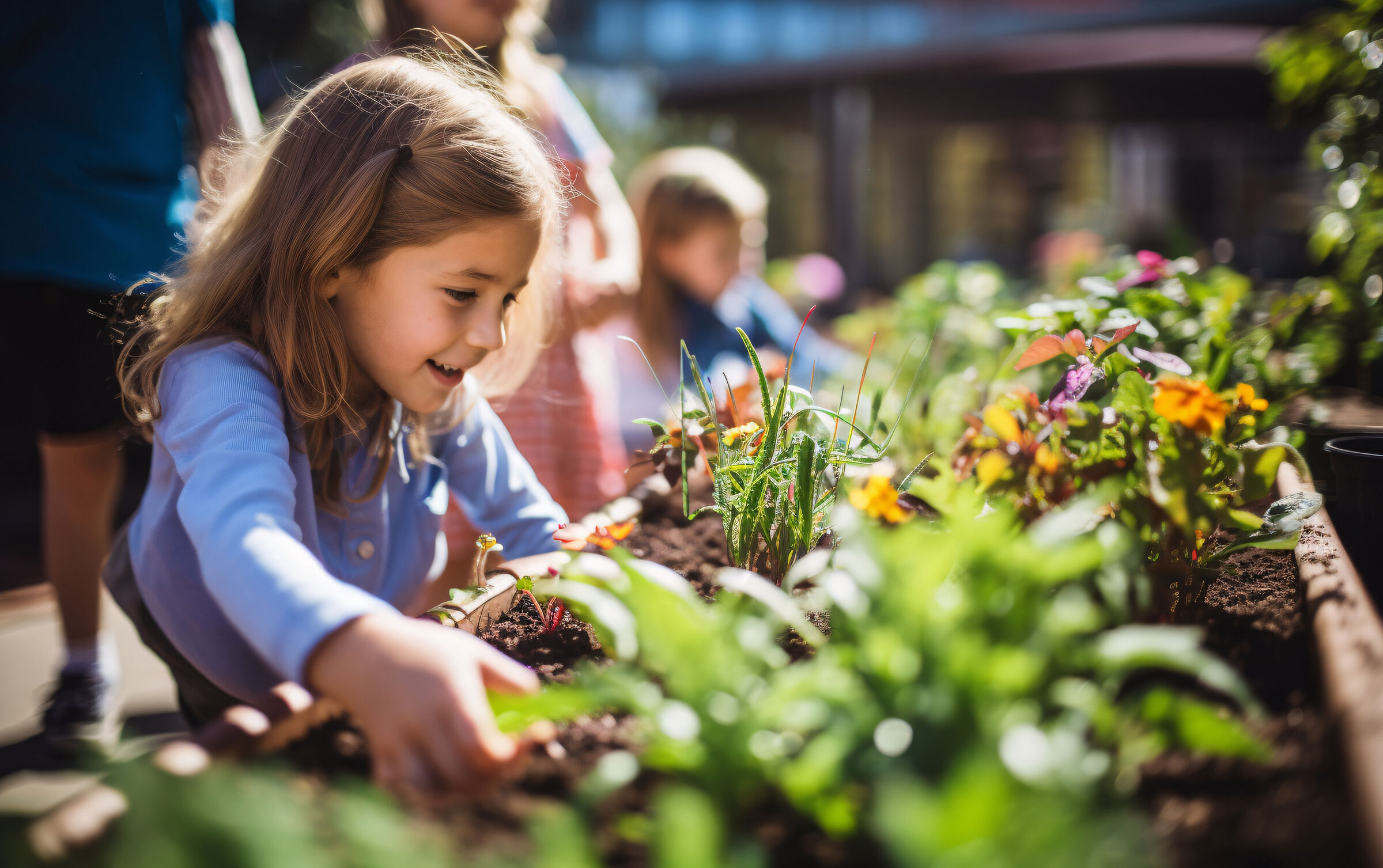 A child tending a raised garden bed on the Hyphae House farm during the school year